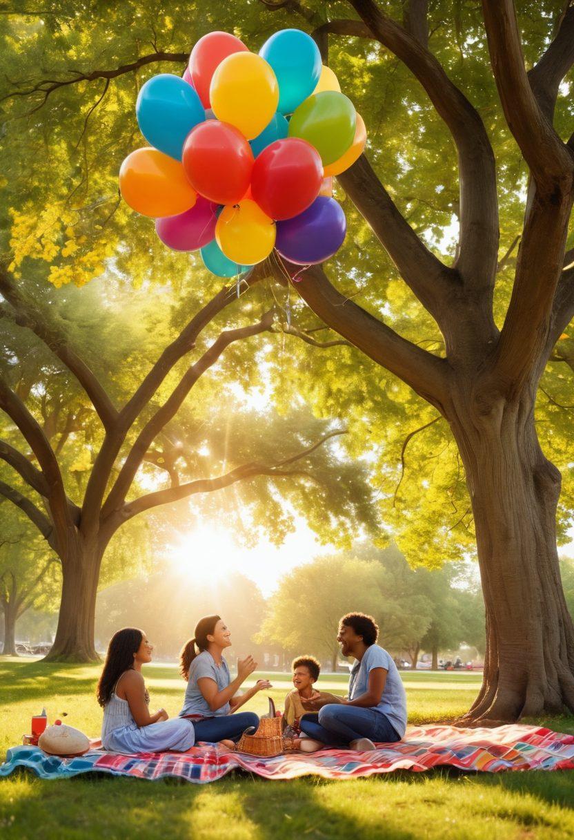 A harmonious scene depicting diverse individuals of various ages and backgrounds joyfully interacting in a lush park setting, embracing one another, sharing smiles and laughter. Brightly colored balloons and picnic blankets spread out under an inviting tree, symbolizing connection and support. The sunlight filters through the leaves, creating a warm, inviting atmosphere. super-realistic. vibrant colors. natural setting.