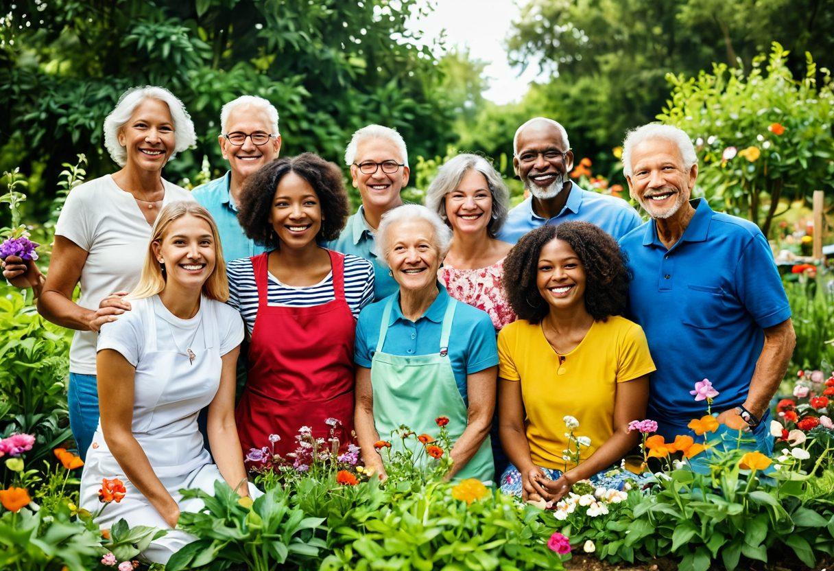 A diverse group of people of different ages and backgrounds smiling and engaging in a community garden, surrounded by blooming flowers and lush greenery. Include elements symbolizing connection, like intertwined hands and vibrant decorations. The atmosphere is warm and inviting, conveying a sense of joy and togetherness. super-realistic. vibrant colors. soft sunlight.