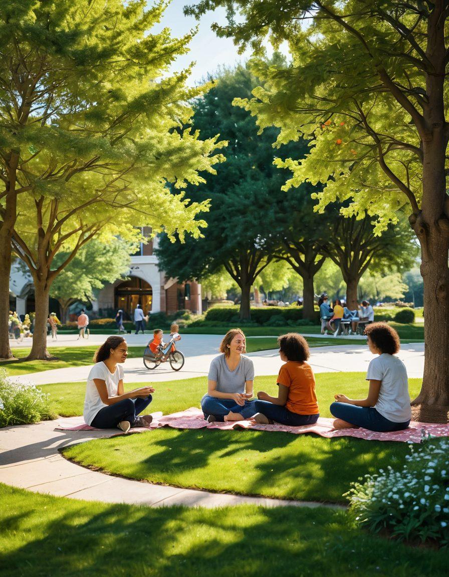 A serene park scene with a diverse group of friends joyfully engaging in various activities such as laughter, sharing stories, and playing games, surrounded by blooming flowers and vibrant trees. In the background, an inviting community center stands, symbolizing connection and support. Soft, warm sunlight filters through the leaves, casting gentle shadows, enhancing the feeling of tranquility and happiness. super-realistic. vibrant colors. soft focus.